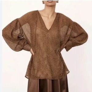 Vince top blouse Starry Dot Shirred-Neck Long Sleeve Sheer Women s New